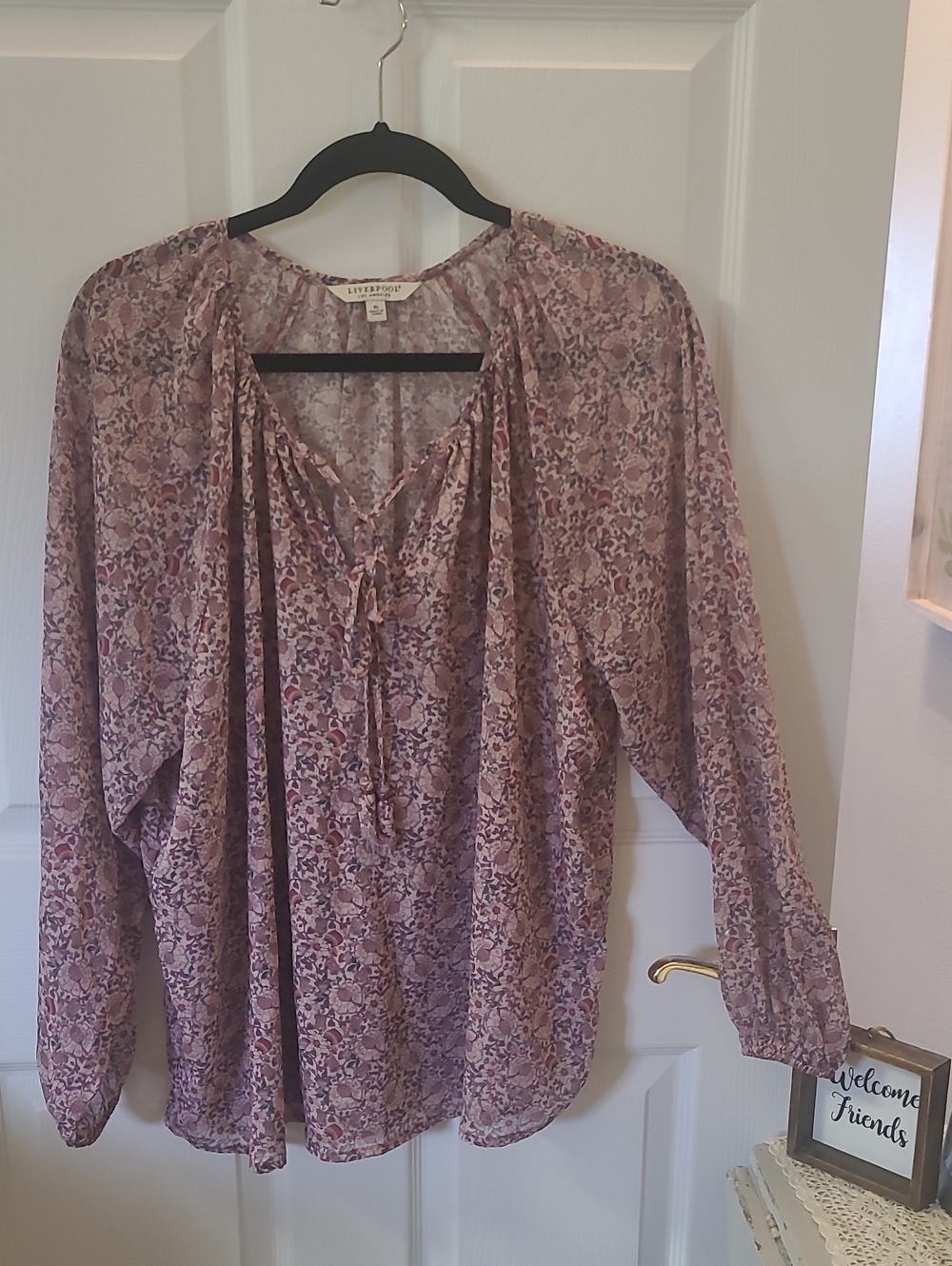 Liverpool Floral Tie-Neck Blouse in Mauve and Cream. Bin 6